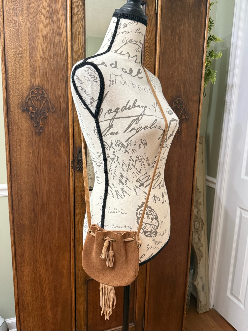 Tan Suede Drawstring Crossbody Bag with Tassel